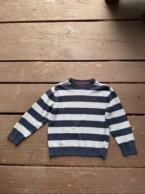 Tommy Hilfiger Navy and Light Gray Striped Crewneck Sweater